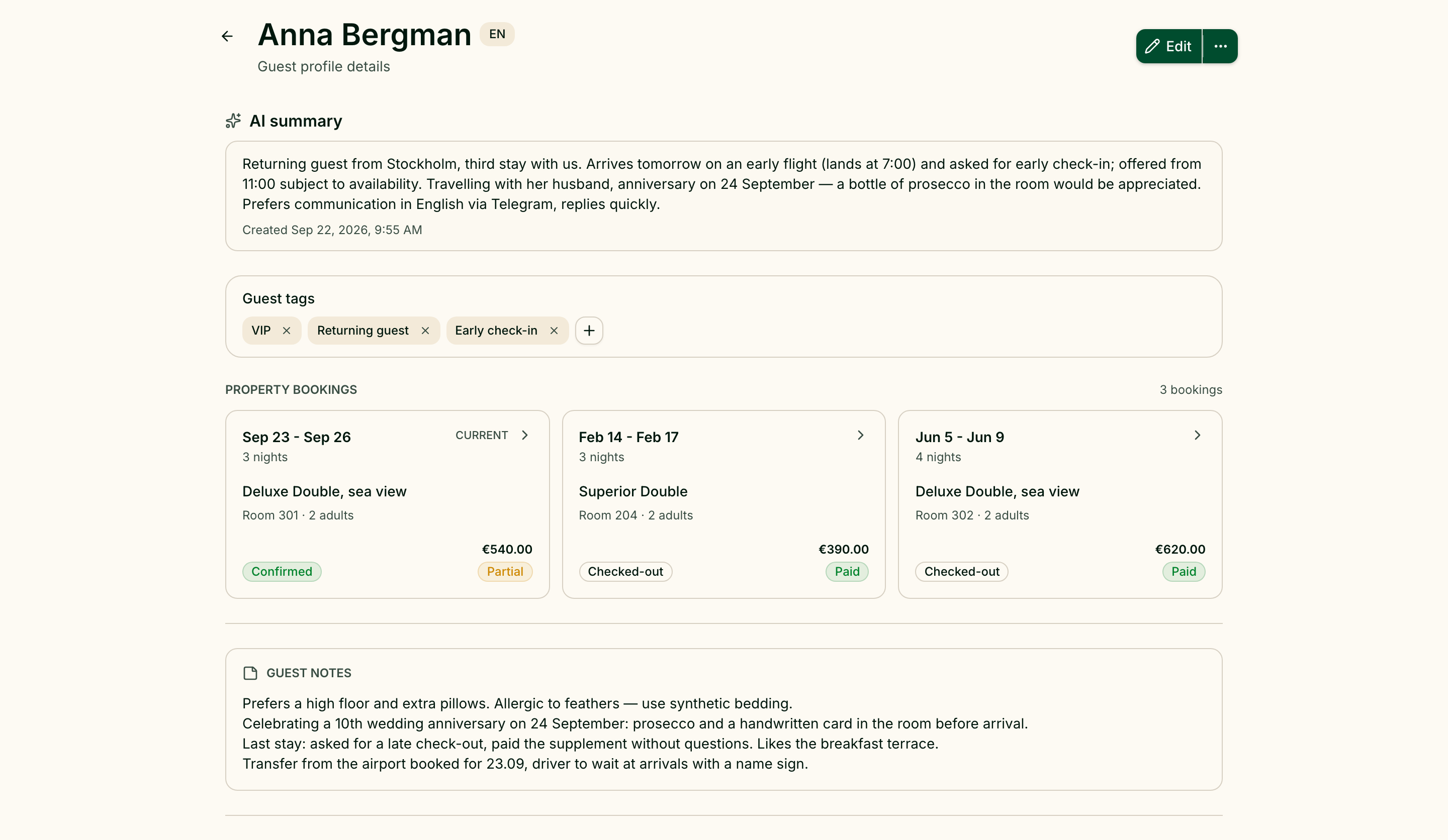 A guest's full profile: AI summary, tags, stays and notes