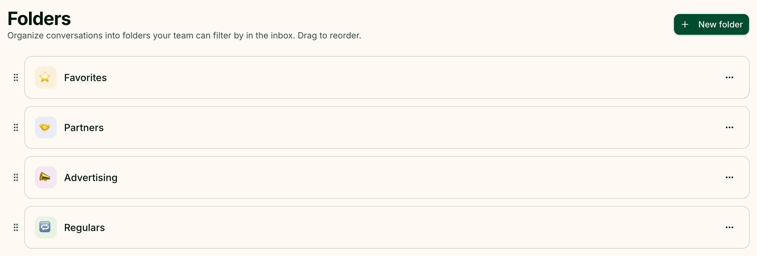 The Folders page with the four default folders