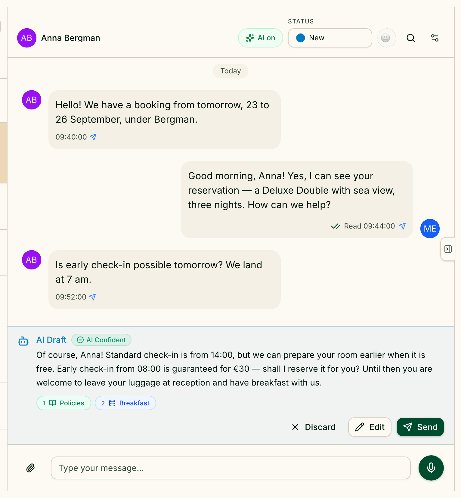 A conversation with an AI draft waiting for review