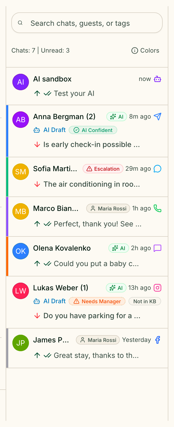 The conversation list: the AI sandbox pinned on top, then guests from Telegram, the web widget, WhatsApp, Viber, Instagram and Facebook