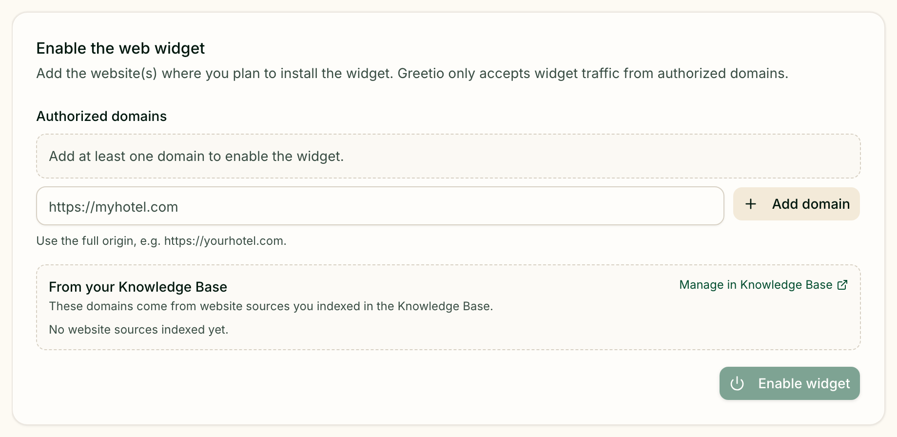 Authorised domains and the switch that enables the chat widget