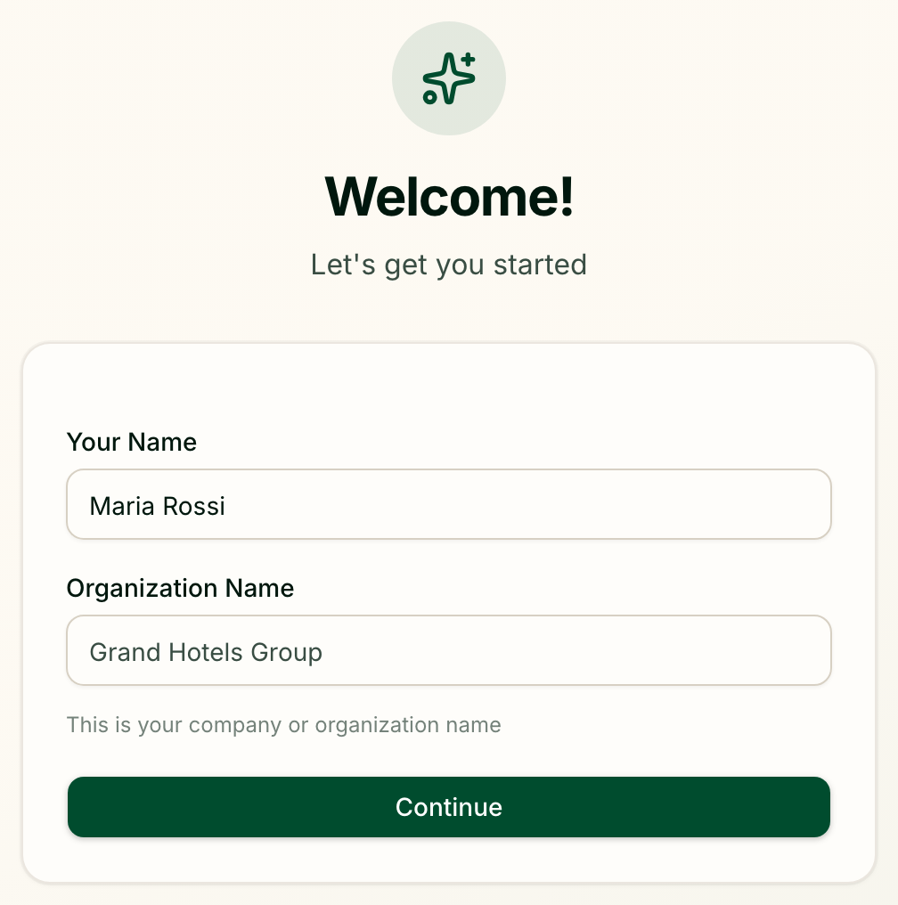 The first-run form: your name and the organization name