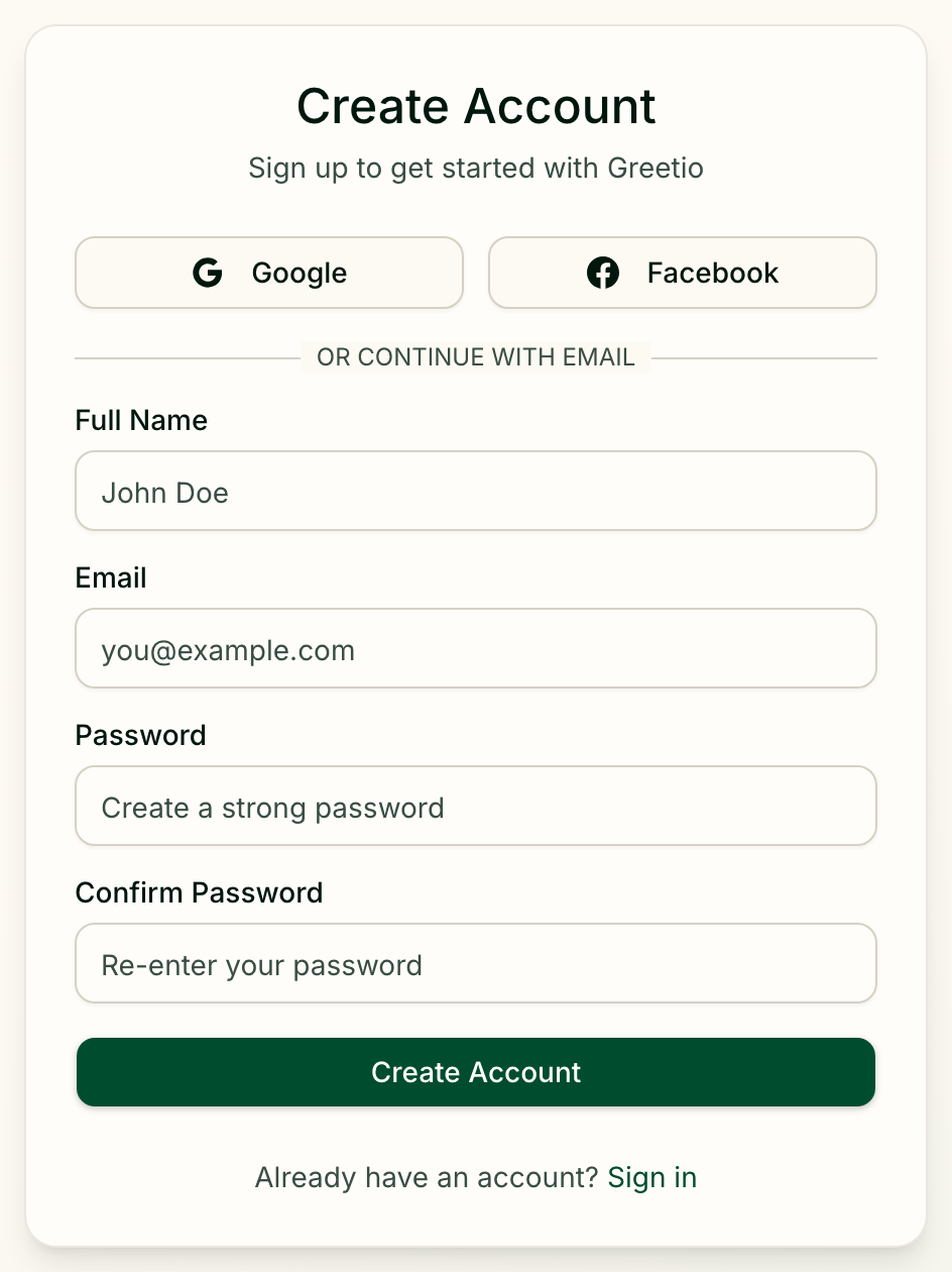 The sign-up form