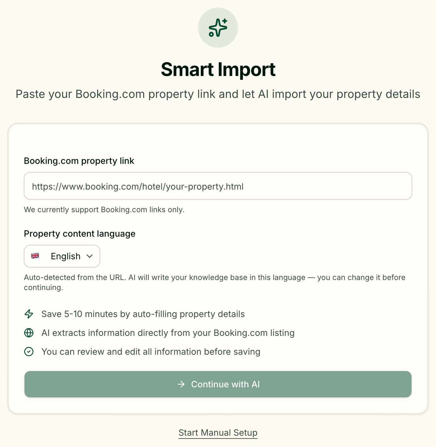 Smart Import: a Booking.com link and the language the AI writes in
