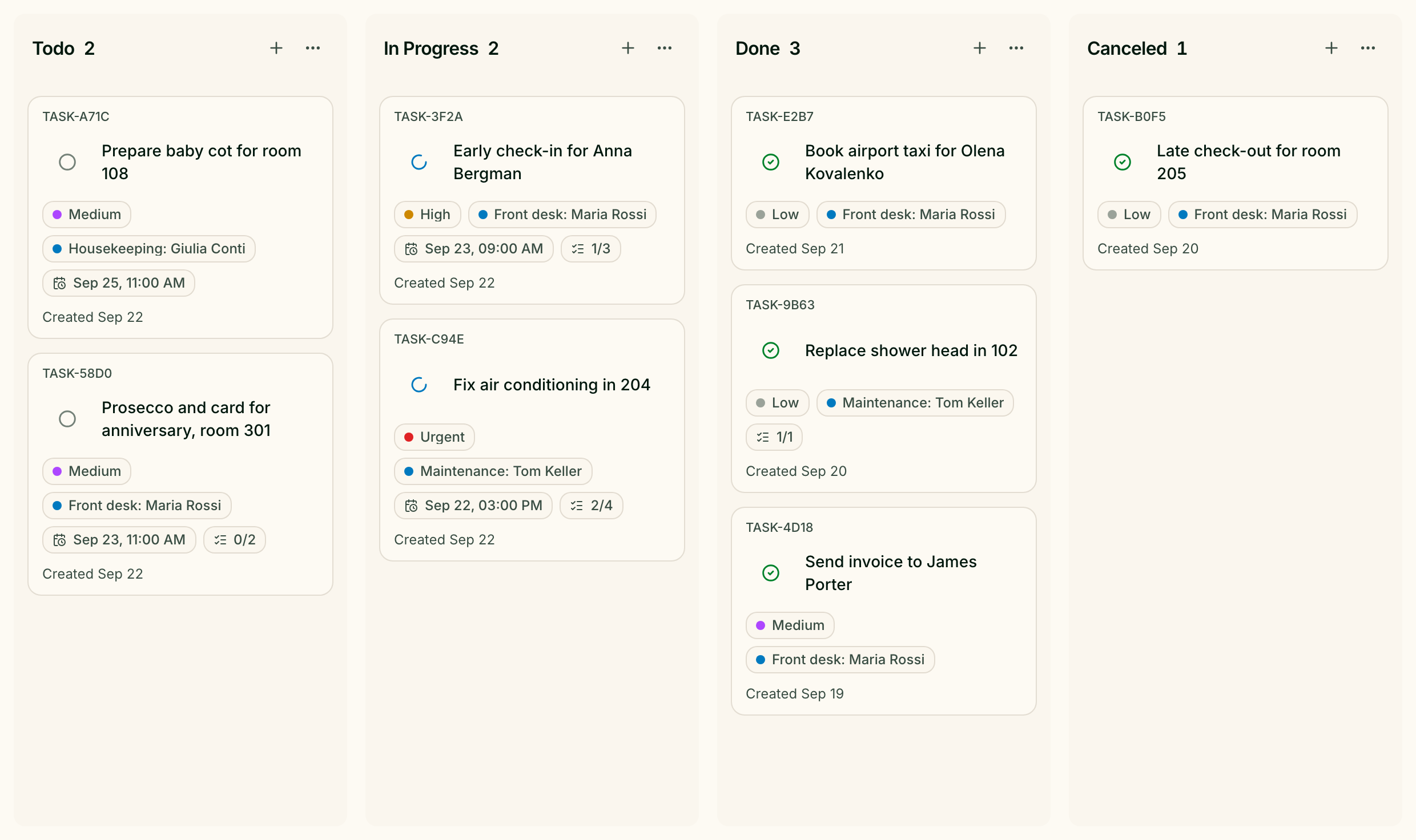 The task board with four columns