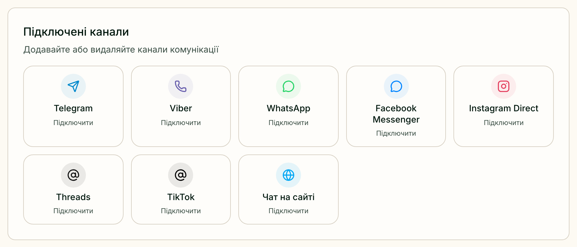 Картки каналів у налаштуваннях каналів